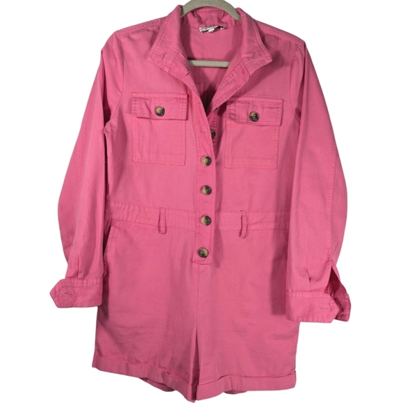 Express X Rocky Barnes Pink Safari Button Up Girlhoodcore Romper Jumpsuit XS - Picture 12 of 13